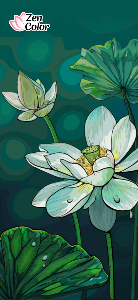 Zen Color - Color By Number - Zen Colorアプリのインターフェース。白い蓮の花と睡蓮の葉の静かな絵が表示されています。