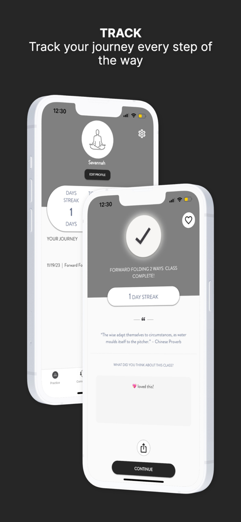 ヨガジャーニーのデイリー streaks（連続記録）とクラス完了状況を表示するモバイルアプリのインターフェース。