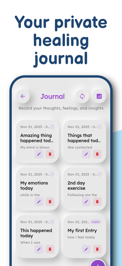 SoulSage: Emotional Healing - A private digital healing journal in the SoulSage app showing emotional reflection entries.