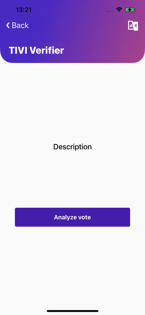 TIVI Verifier - Interface do aplicativo TIVI Verifier com um botão para analisar o voto.