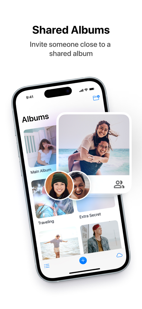 Secret Photo Vault Keepsafe app showing the shared albums interface and invite feature on a smartphone screen.