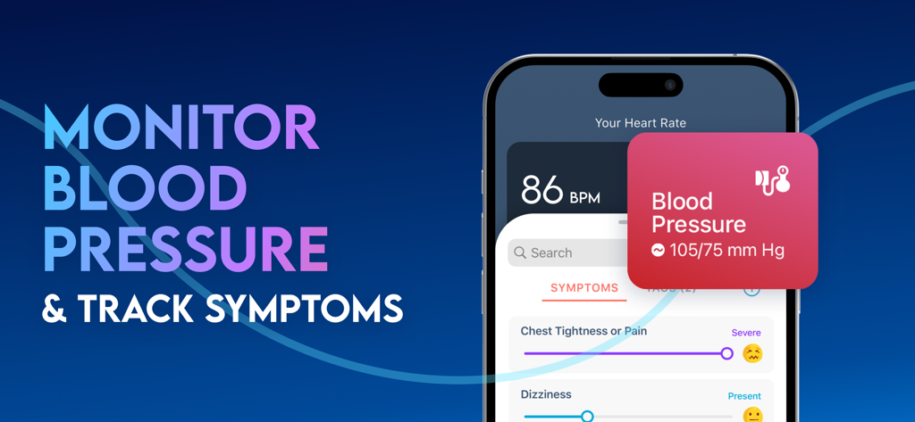 Instant Heart Rate+ HR Monitor - A smartphone displaying the Instant Heart Rate app interface for monitoring blood pressure and tracking health symptoms like chest pain and dizziness