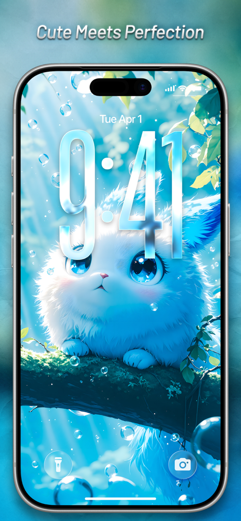 Kawaii Wallpapers Cute Anime - iPhone lock screen featuring an adorable fluffy white creature with big blue eyes on a tree branch