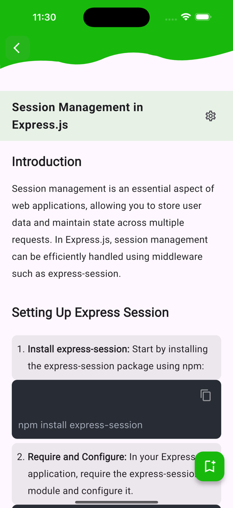 Learn Nodejs and Expressjs - Una pantalla de tutorial de la aplicación Learn Node.js and Express.js explicando la gestión de sesiones con ejemplos de código.