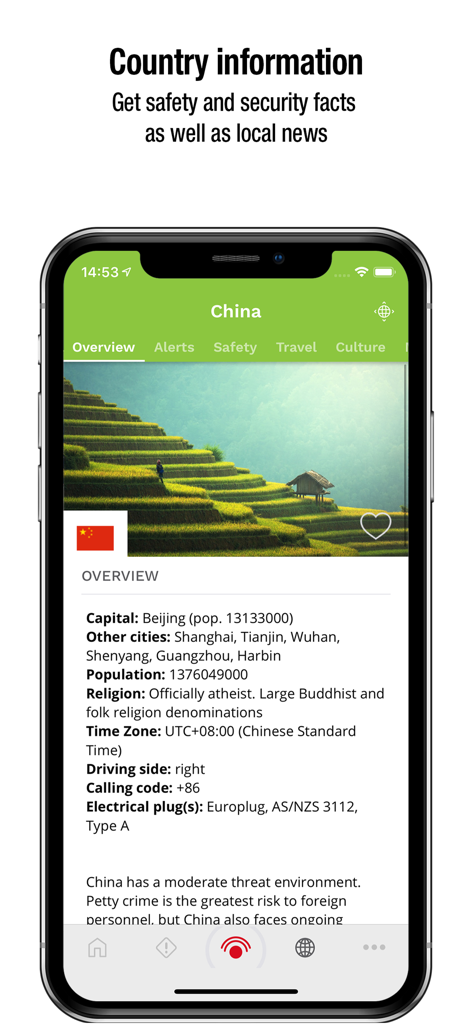 Safeture - Safeture app displaying detailed country information and safety facts for China including local news and security overview.