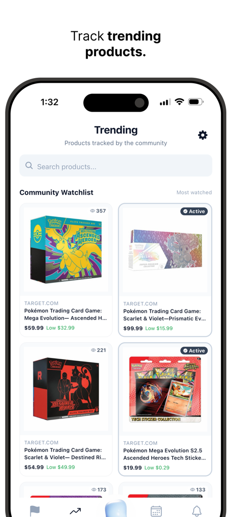 Guppy: Collector Copilot - Interface of the Guppy app displaying a community watchlist of trending Pokemon trading card sets