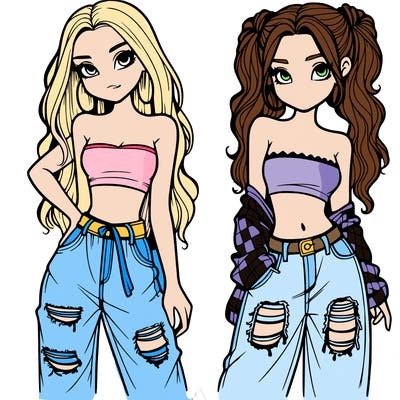 2 girls in crop tops and baggy jeans ripped