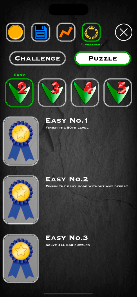 Achievements screen of 4 In A Row app showing puzzle mode rewards and easy level progress
