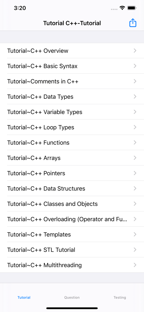 Une liste de sujets de tutoriel de programmation C plus plus montrant les modules pour la syntaxe, les types de données et les fonctions