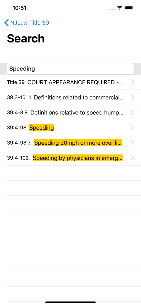 State Statute & Federal Law - 뉴저지 법률 제목 39에 따른 과속 위반에 대한 검색 결과를 보여주는 모바일 앱 인터페이스