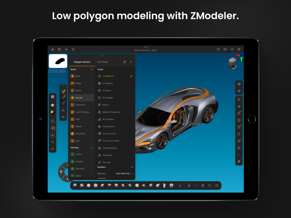 ZBrush - Interfaz de la aplicación ZBrush para iPad que demuestra modelado de coches de bajos polígonos usando la herramienta ZModeler
