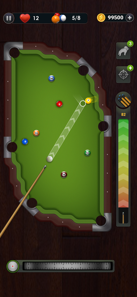 Billiards City 8 Ball Pool gameplay showing a uniquely shaped table with a cue stick aiming at a ball