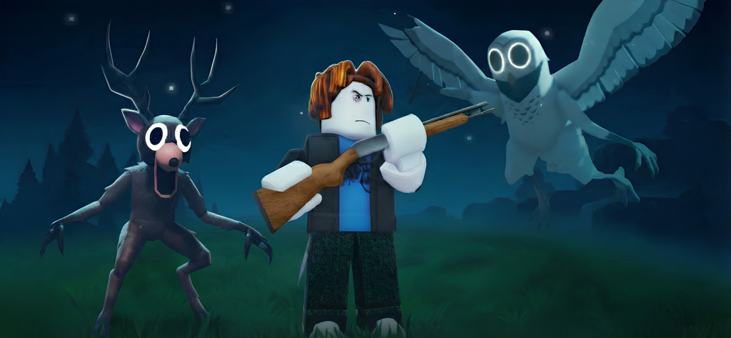 Un personaje de Roblox con una escopeta entre un monstruo de ciervo y un búho gigante en un bosque oscuro