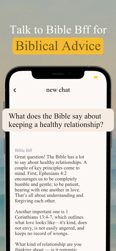Bible Bff-Modern Bible Stories - A smartphone showing a chat interface where the Bible BFF AI provides biblical advice on healthy relationships