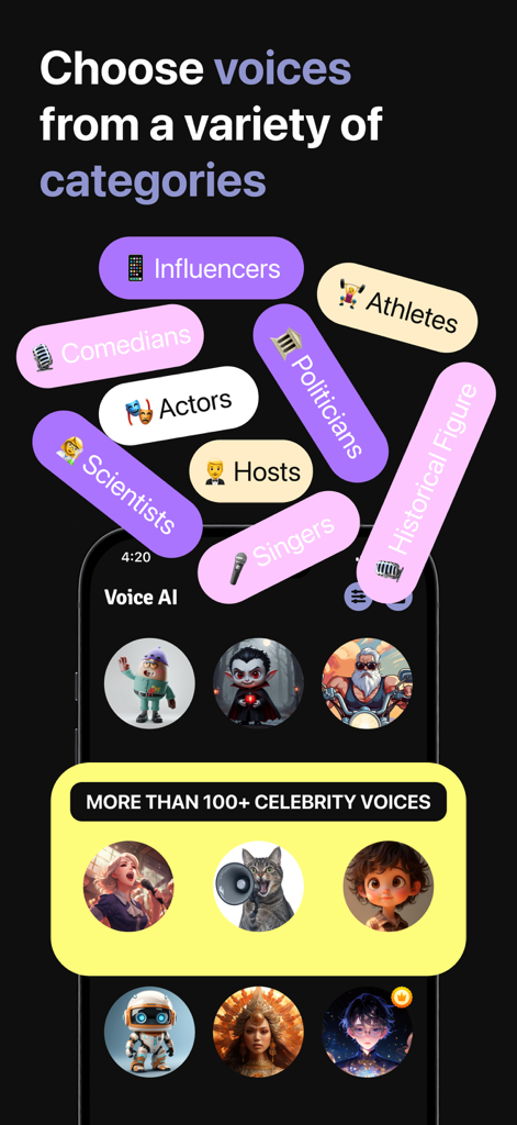 Anzeige von Promi-Stimmkategorien und KI-Charakteren in der Voice AI App-Oberfläche