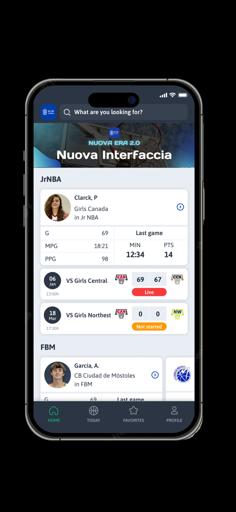 FIP Stats - Interfaccia dell'app FIP Stats che mostra metriche dei giocatori di basket e punteggi delle partite live