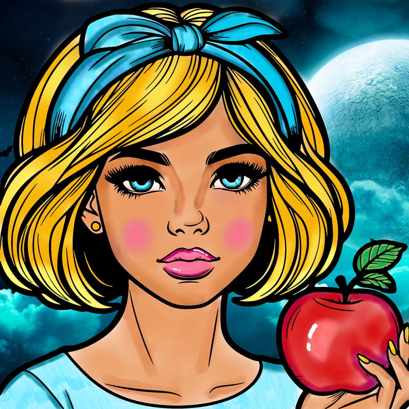 a woman with medium short hair, wearing a headband with a small bow, carrying an apple in her hand, realistic