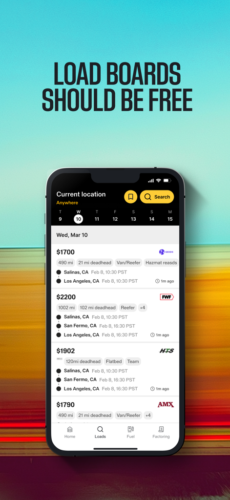 TruckSmarter Load Board & Fuel - The TruckSmarter mobile app interface displaying a list of available freight loads with pricing and routes