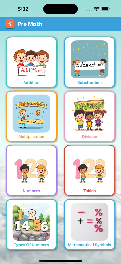 Ein Bildschirm der Englischen Lern-App für Kinder, der verschiedene Vorschul-Mathematik-Kategorien für Kinder zeigt