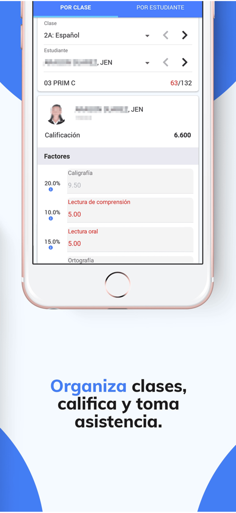 Algebraix - Algebraix app interface showing student grades and class organization in Spanish