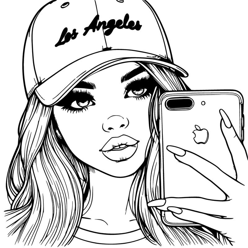 realistic beautiful girl wearing los ángeles cap holding an iphone with a nose