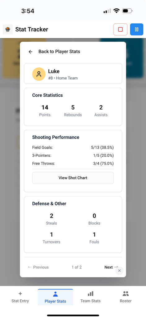 Basketball Stats Tracker - App - Basketball player statistics screen showing points rebounds assists and shooting performance