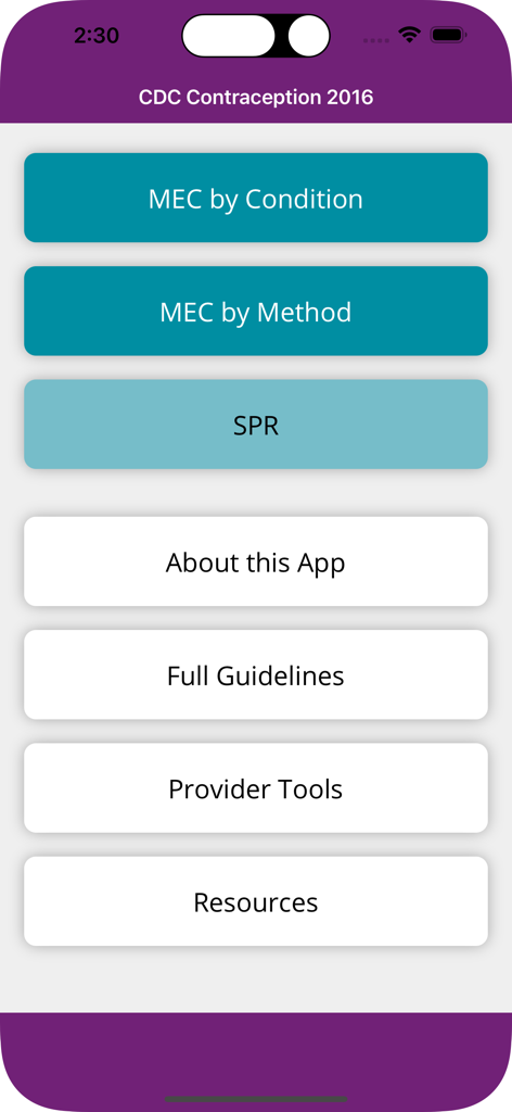 Main menu of the CDC Contraception app showing clinical guideline options including MEC and SPR