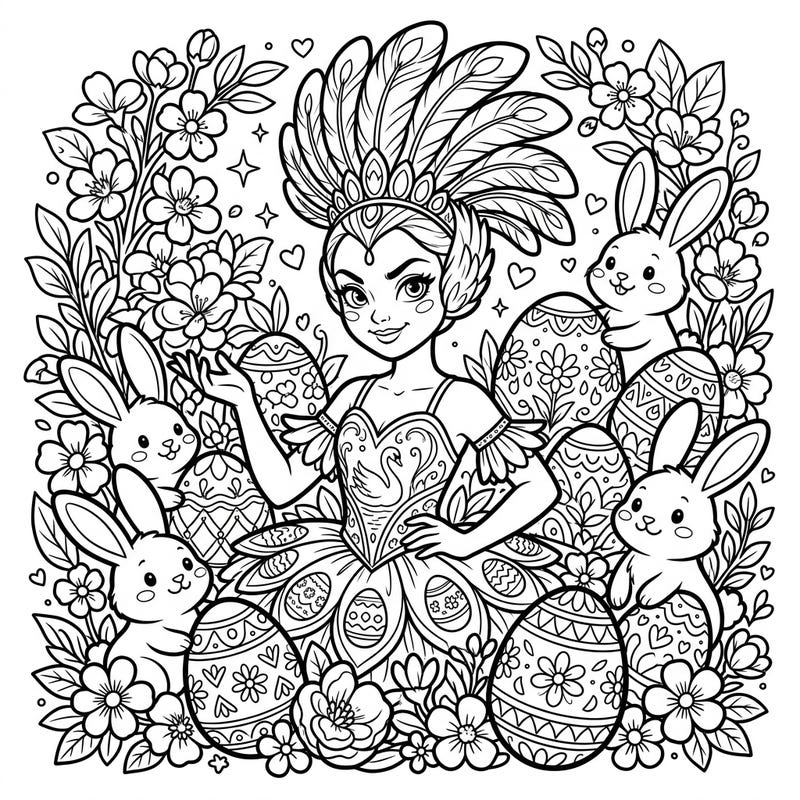 Experience a truly unique coloring adventure where the elegance of Odile, the Black Swan, meets the joyful charm of Easter. This intricate page features the iconic ballerina surrounded by adorable bunnies, beautifully decorated eggs, and blooming spring flowers, ready for your creative touch.