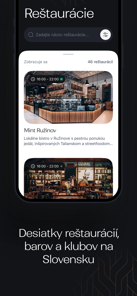 Medusacard - Mobile app interface displaying a list of available restaurants and clubs in Slovakia