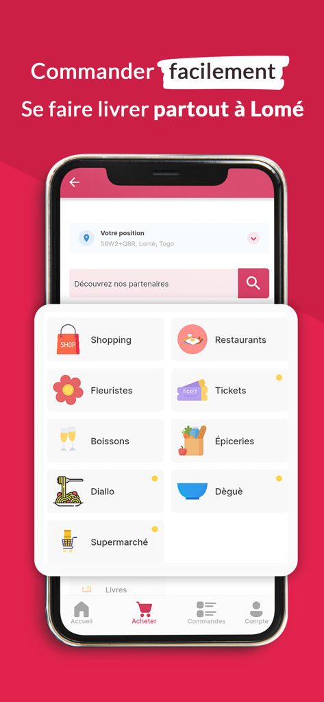 KABA - Kabaモバイルアプリの画面。トーゴ・ロメでのサービスのための様々なデリバリーカテゴリを表示