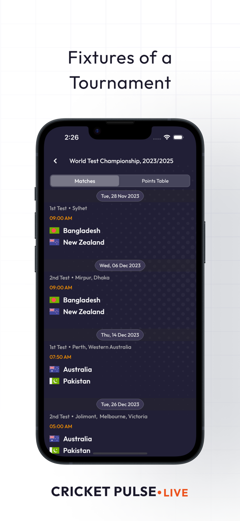 Cricket Pulse - Live Scores - Mobile app screen showing cricket tournament fixtures and match schedules.