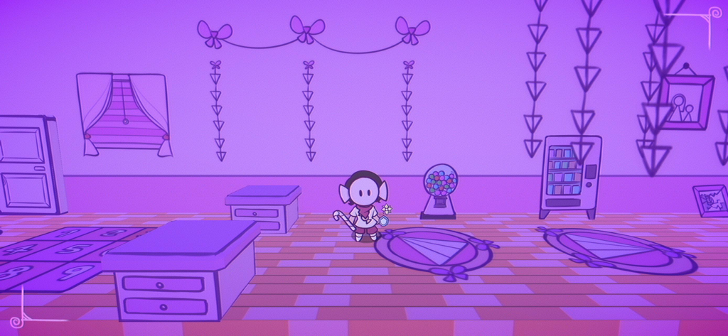 Sundy Stairway - Personaje principal en una habitación púrpura estilizada con decoraciones dibujadas a mano en Sundy Stairway