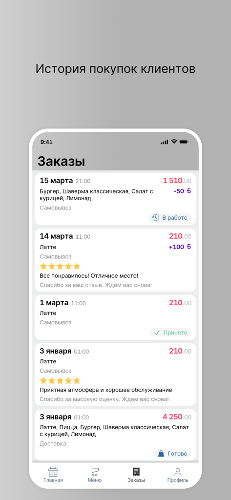 FoodLike65 - Screenshot of the FoodLike65 app showing the order history screen with past meal details and customer reviews