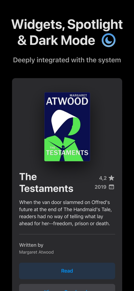 Listy app interface in dark mode showing detailed metadata for the book The Testaments by Margaret Atwood.