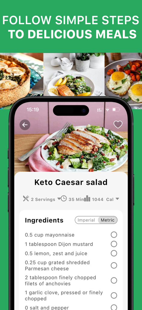 Keto Diet Tracker-Carb Counter - A mobile app interface displaying a Keto Caesar salad recipe with a detailed ingredients list.