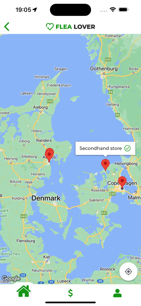 Flea Lover - Flea Lover app map interface showing secondhand store locations in Denmark