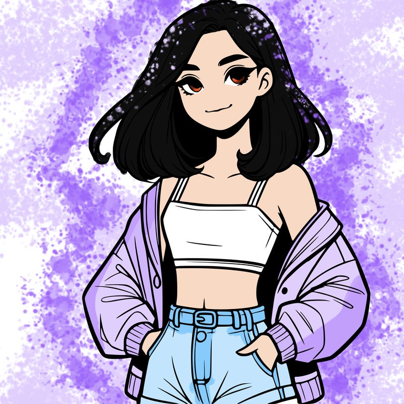 a realistic girl with a crop top and short shorts in an open jacket