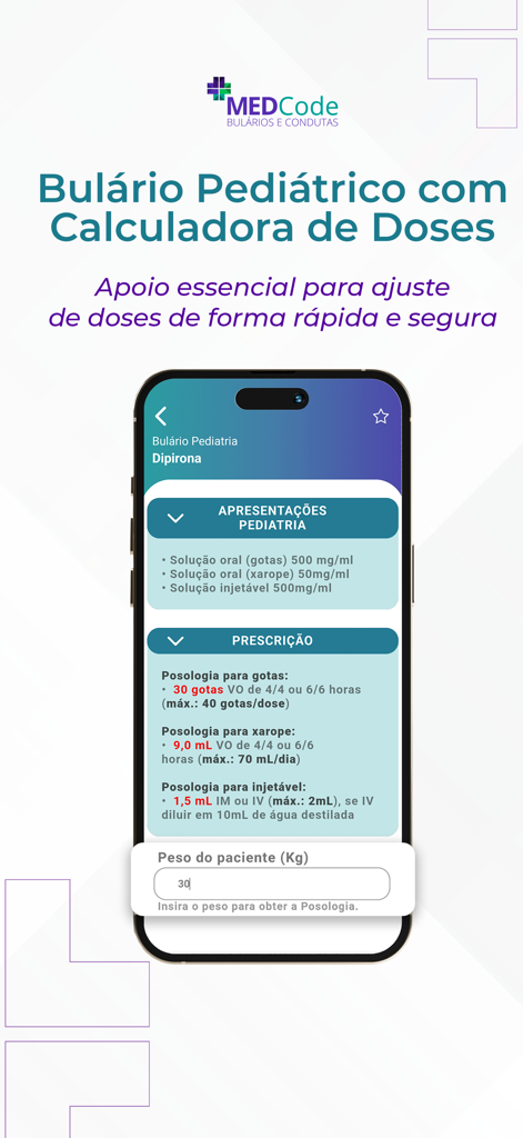 MEDCode – App medicina - MEDCode mobile app interface featuring a pediatric drug dosage calculator and medical reference guide.