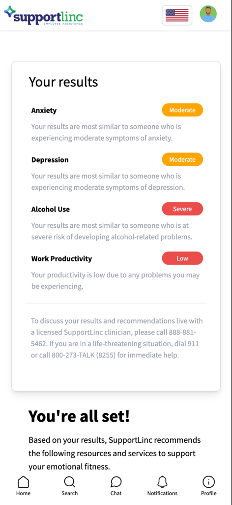 Pantalla que muestra los resultados de la evaluación del estado físico emocional para los niveles de ansiedad y depresión en la aplicación eConnect.