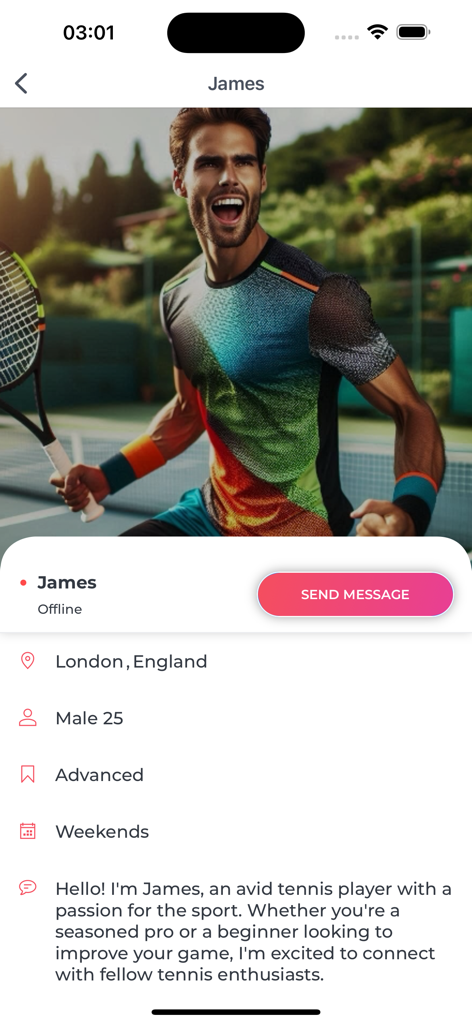 Tennis Partner - A user profile in the Tennis Partner app showing player name location skill level and bio.