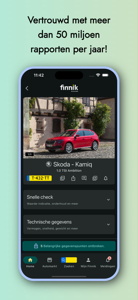 Finnik iKenteken - Finnik iKenteken app showing technical details for a Skoda Kamiq with a Dutch license plate