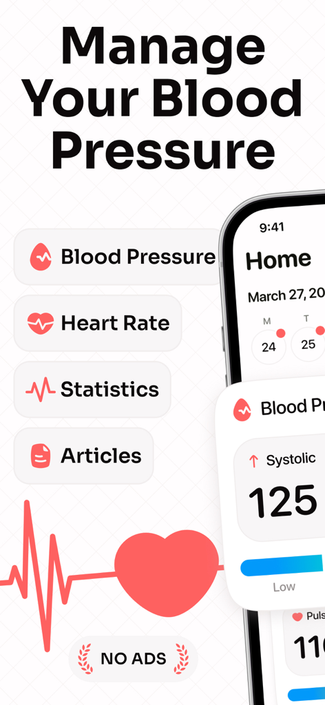 Blood Pressure. Health Tracker - Interface de l'application Blood Pressure Health Tracker montrant les fonctionnalités de suivi de la tension artérielle, du rythme cardiaque et des statistiques de santé