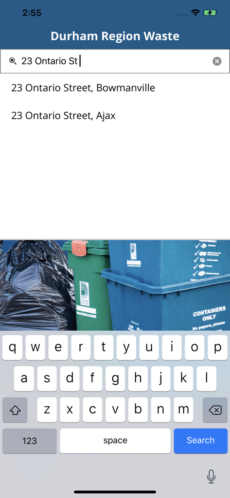 Durham Region Waste - Address search screen in the Durham Region Waste app for finding local garbage and recycling schedules
