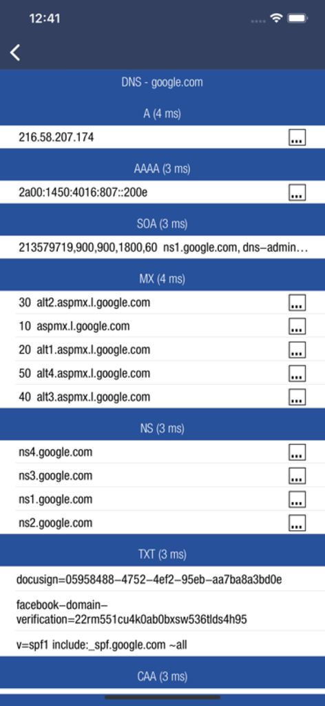 Network Toolbox Net security - Análisis de registros DNS para google.com, incluidos registros A, MX y TXT en Network Toolbox