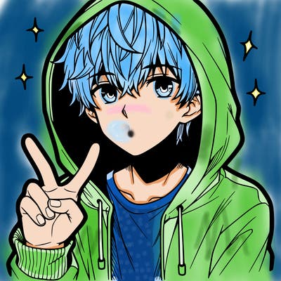 teenage manga boy in a hoodie, doing ✌