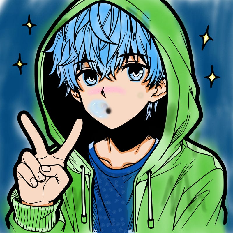 teenage manga boy in a hoodie, doing ✌