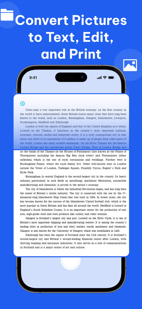 Printer Mini - Printer Mini mobile app interface demonstrating how to convert a photo of a document into editable text for printing.