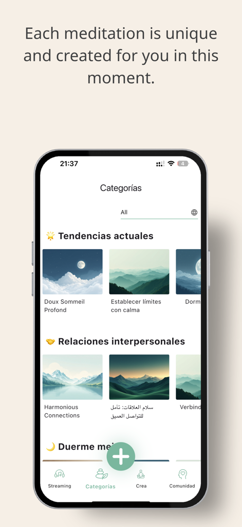 Mint AI mobile app interface showing various personalized meditation categories and topics in different languages