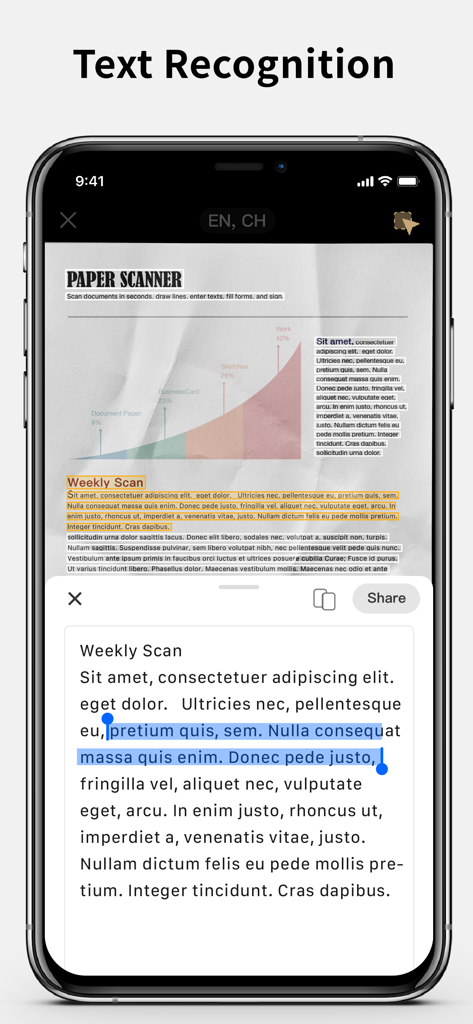 Smartphone-Bildschirm, der die Texterkennungsfunktion einer Scanner App zeigt, wobei ein gescanntes Dokument in bearbeitbaren und auswählbaren Text umgewandelt wird.
