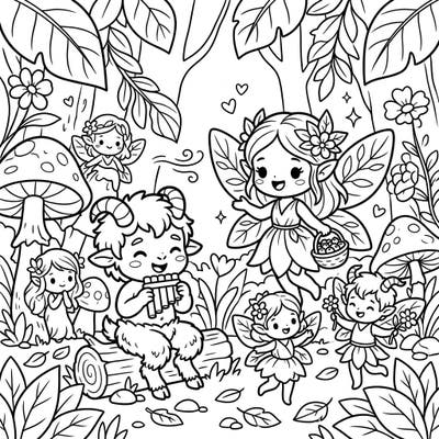Enter a whimsical forest adventure with this enchanting coloring page featuring playful nymphs and a cheerful satyr. Designed with ultra-thick lines and simple shapes, it's perfect for toddlers to explore their creativity.